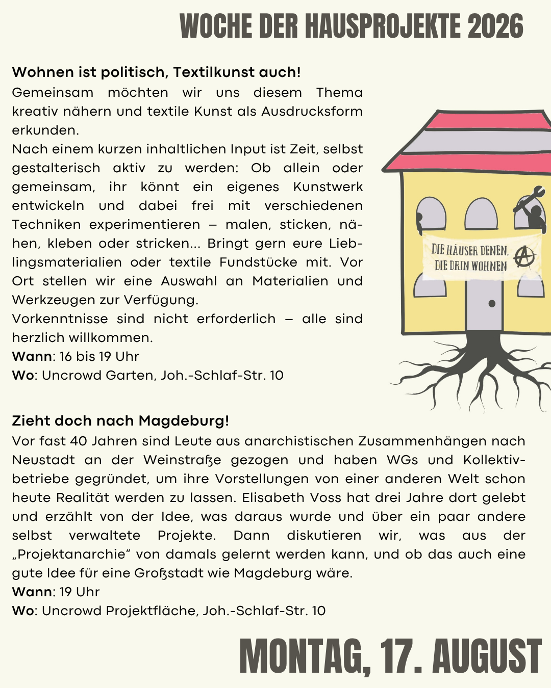 Wohnen ist politisch, Textilkunst auch! - Workshop in der Woche der Hausprojekte